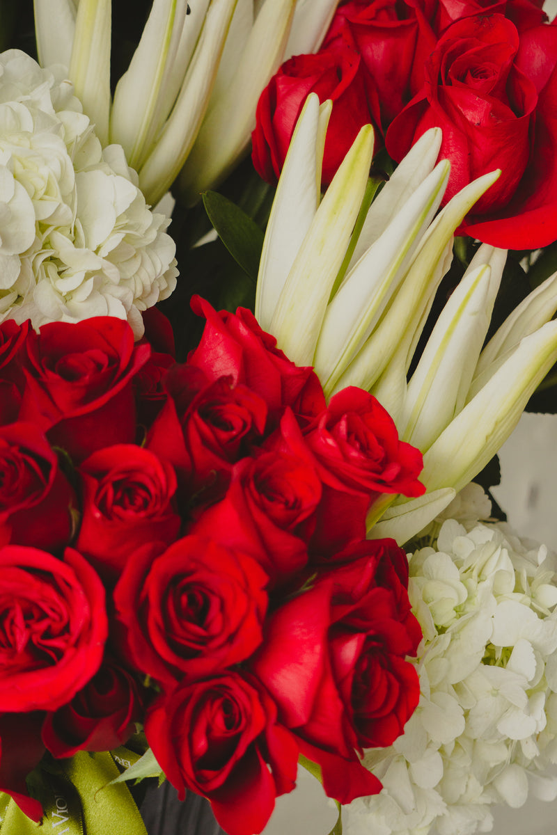 Frida, ramo de rosas rojas con hortensias y orquídeas.