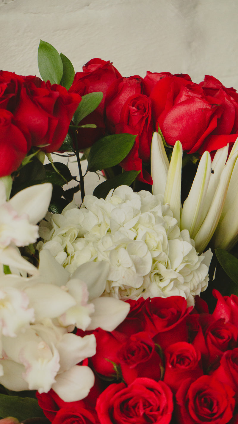 Frida, ramo de rosas rojas con hortensias y orquídeas.