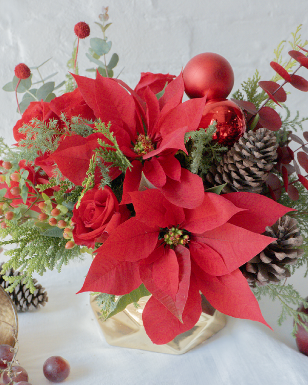 Noelia, centro de mesa Navideño con nochebuena natural y rosas