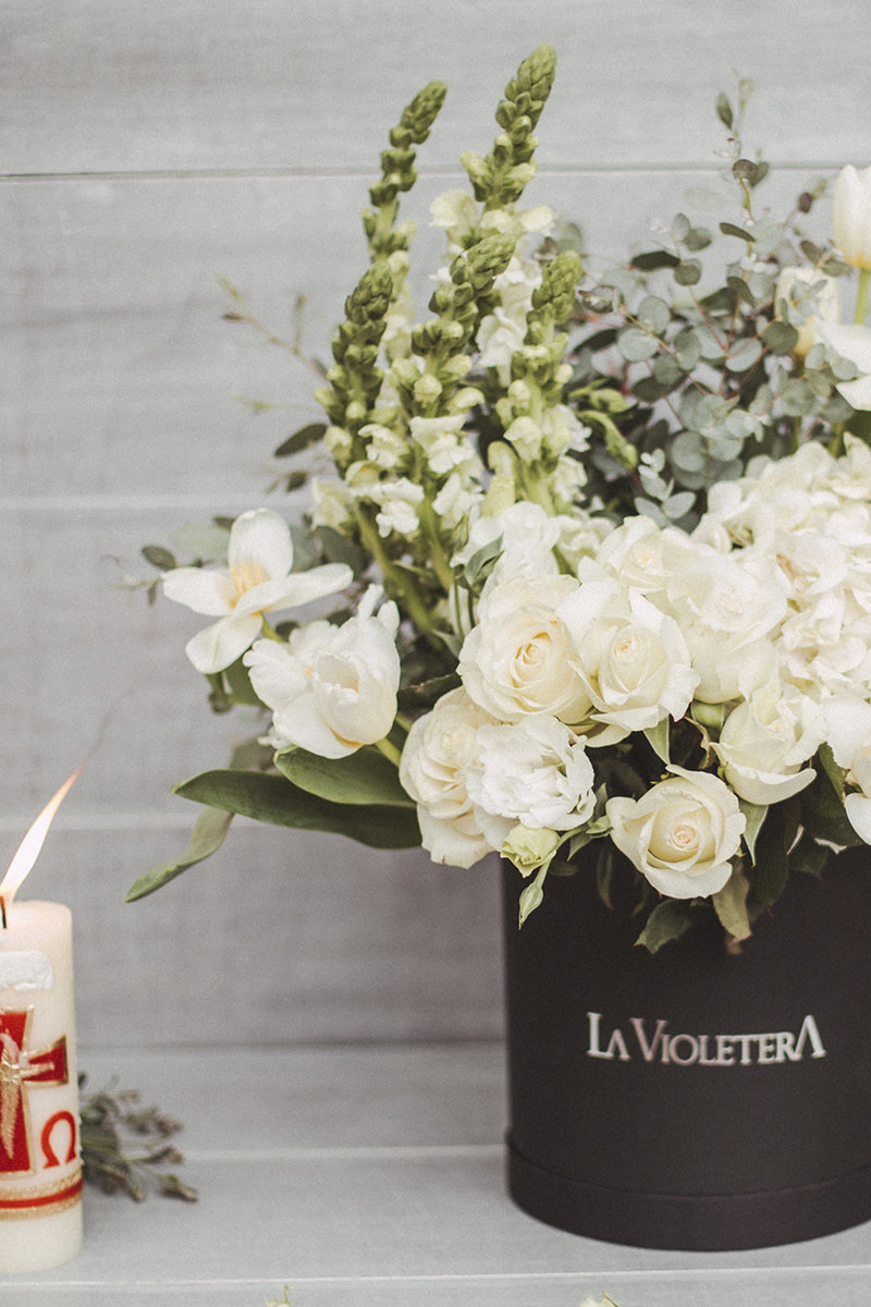 Cielo, caja con tulipanes, rosas y hortensias.